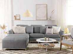 Right Hand Fabric Corner Sofa With Ottoman Light Grey Oslo