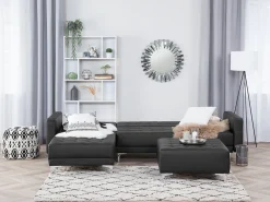 Right Hand Faux Leather Corner Sofa With Ottoman Black Aberdeen