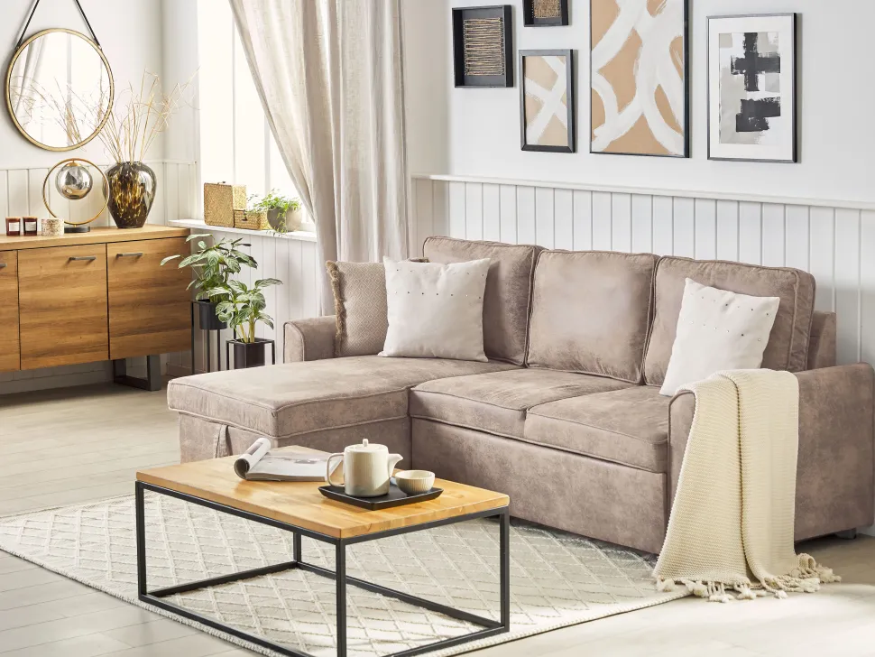 Right Hand Faux Leather Corner Sofa Bed With Storage Brown Nesna