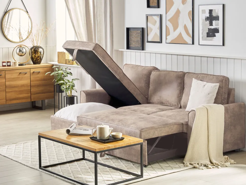Right Hand Faux Leather Corner Sofa Bed With Storage Brown Nesna