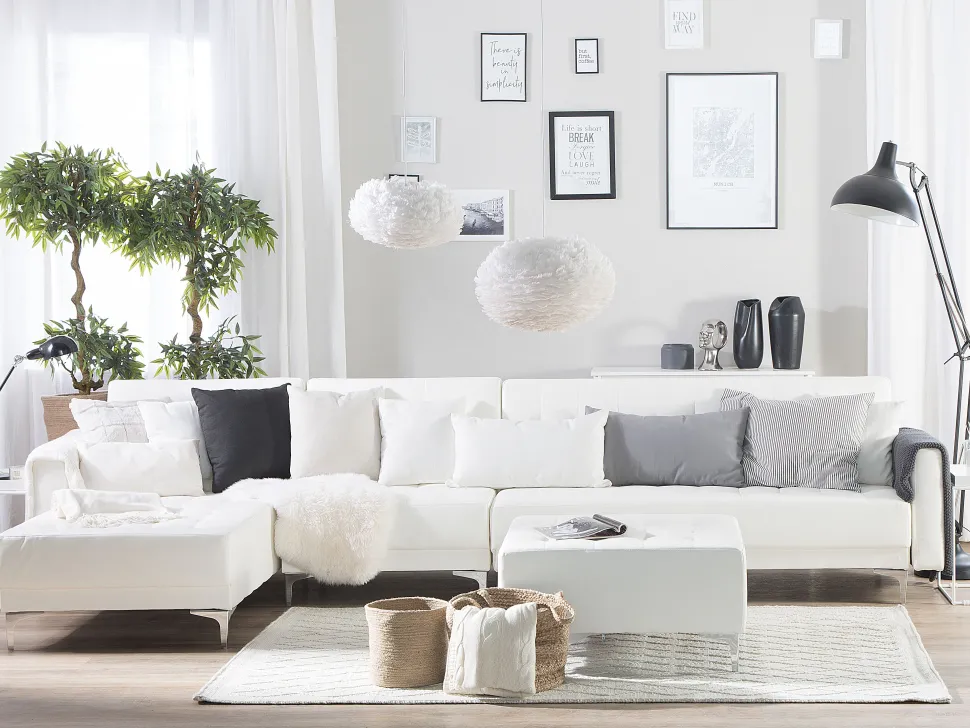 Right Hand Faux Leather Modular Sofa With Ottoman White Aberdeen