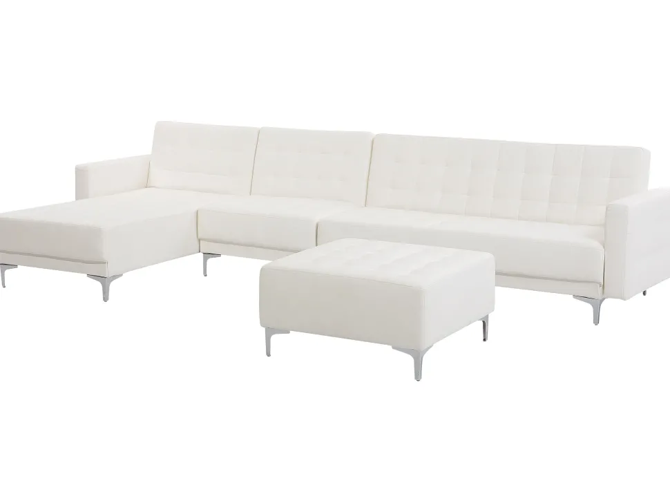 Right Hand Faux Leather Modular Sofa With Ottoman White Aberdeen