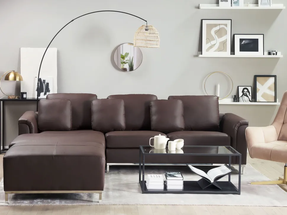 Right Hand Leather Corner Sofa With Ottoman Brown Oslo
