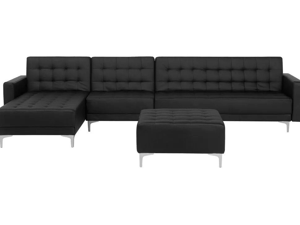 Right Hand Modular Faux Leather Sofa With Ottoman Black Aberdeen