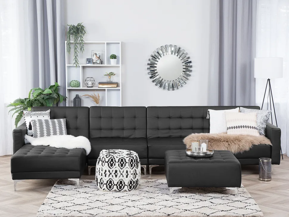 Right Hand Modular Faux Leather Sofa With Ottoman Black Aberdeen