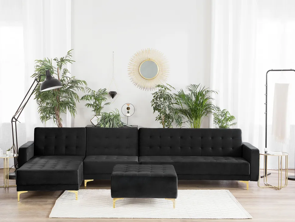 Right Hand Modular Velvet Sofa With Ottoman Black Aberdeen