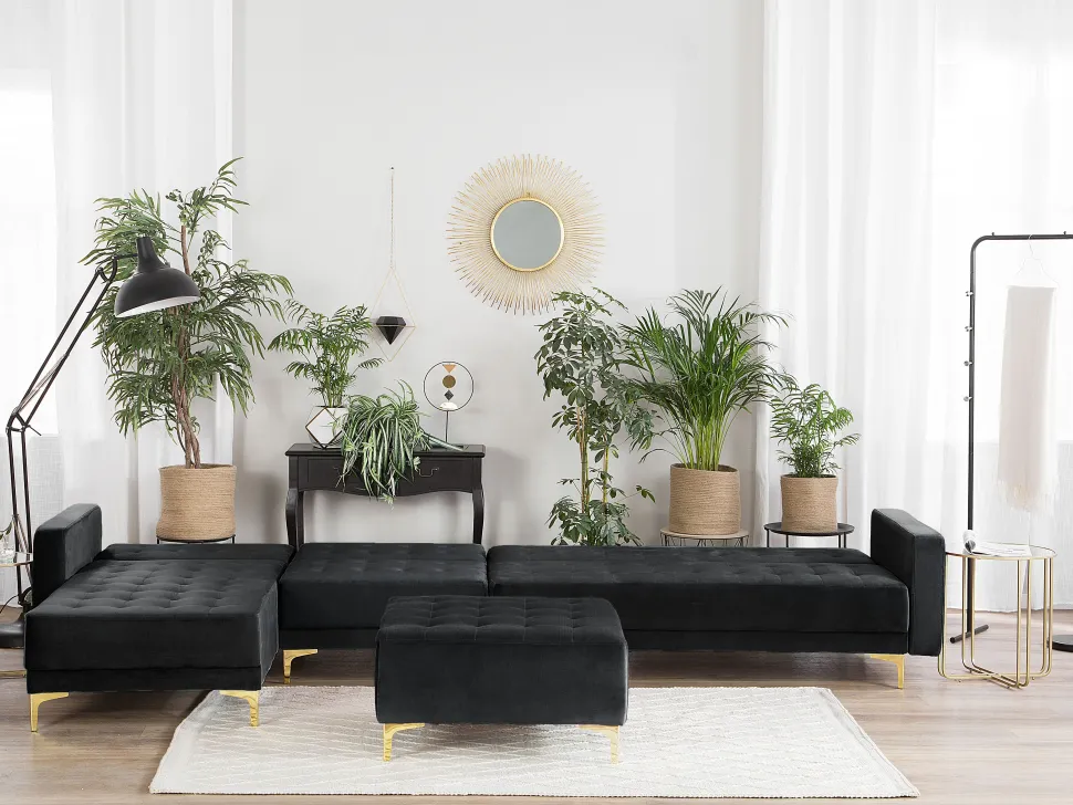 Right Hand Modular Velvet Sofa With Ottoman Black Aberdeen