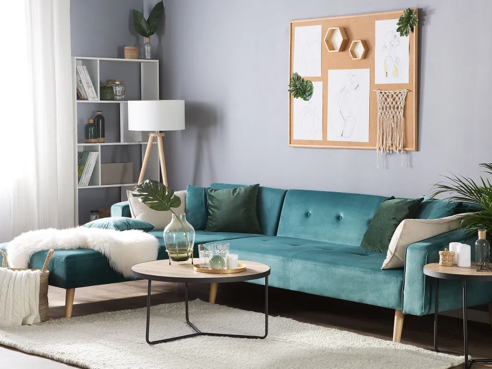 Right Hand Velvet Corner Sofa Bed Green Vadso