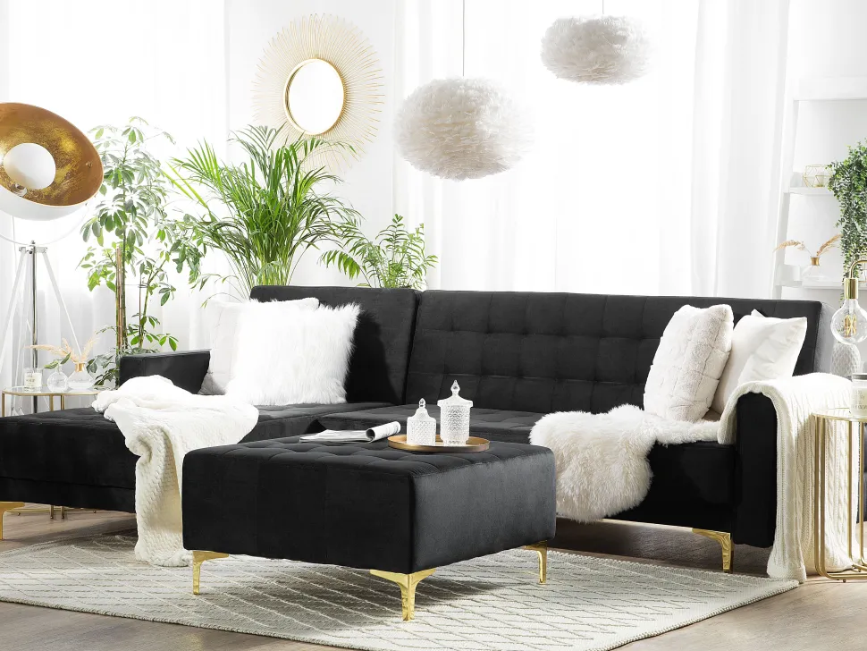 Right Hand Velvet Corner Sofa With Ottoman Black Aberdeen