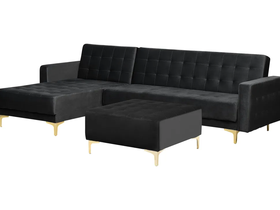 Right Hand Velvet Corner Sofa With Ottoman Black Aberdeen