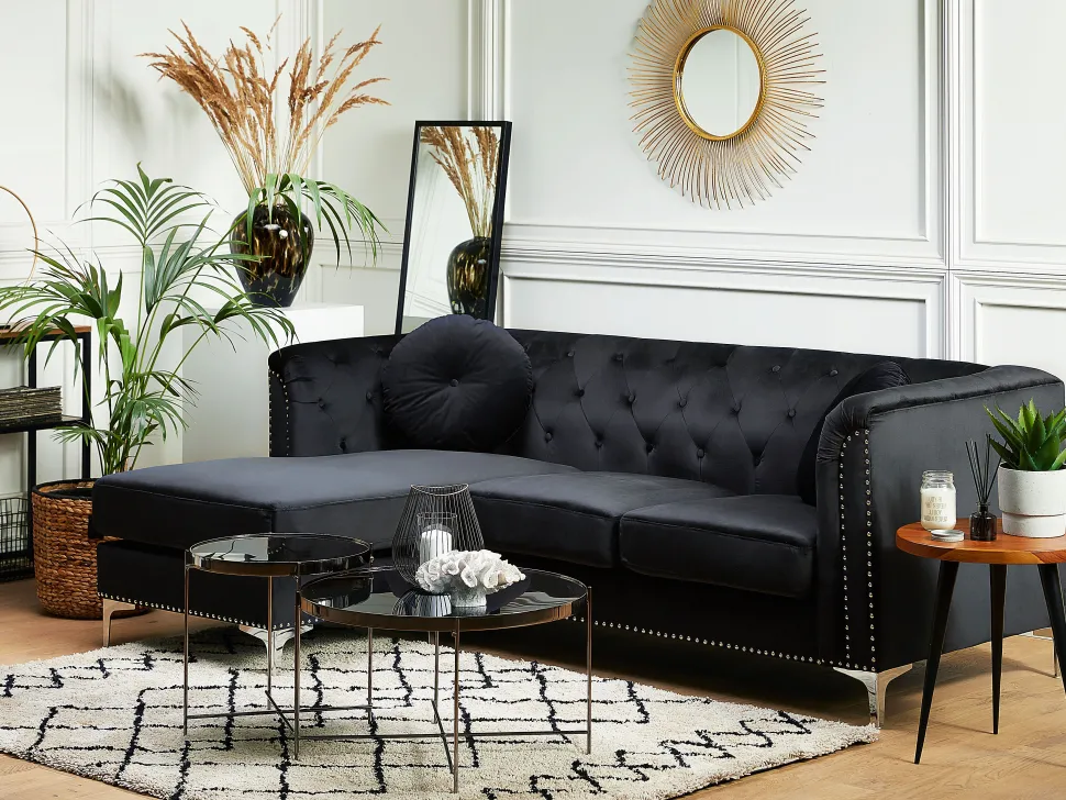 Right Hand Velvet Corner Sofa Black Flen