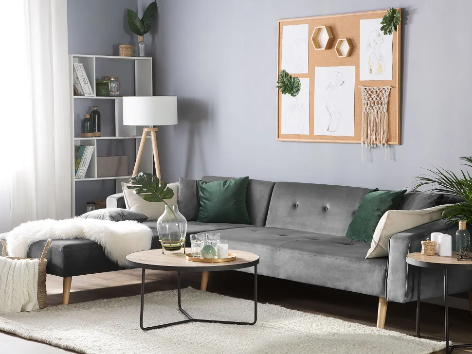 Right Hand Velvet Corner Sofa Bed Grey Vadso
