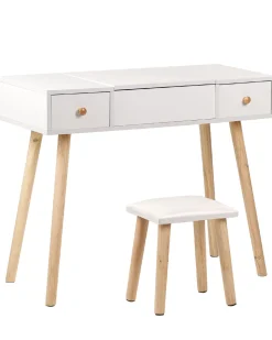 Schminktisch Mit 2 Schubladen, Hochklappbarem Spiegel Und Hocker Weis Brioude