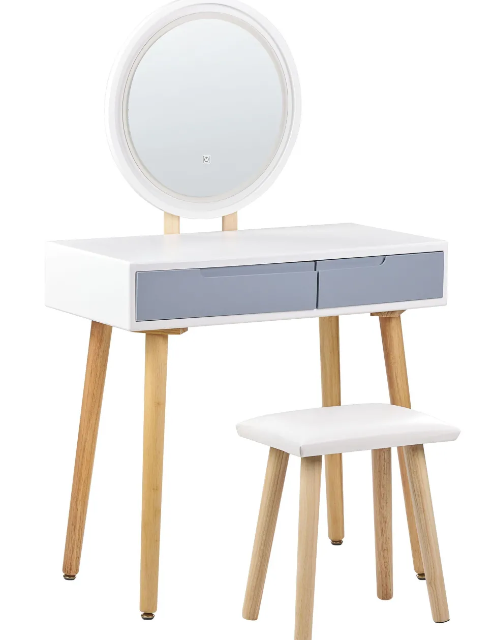Schminktisch Mit 2 Schubladen, Led-Spiegel Und Hocker Weis/Grau Josselin