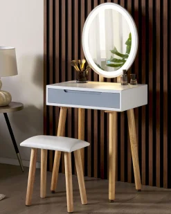 Schminktisch Mit 1 Schublade, Led-Spiegel Und Hocker Weis/Grau Vesoul