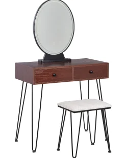 Schminktisch Mit Ovalem Led-Spiegel Hocker 2 Schubladen Dunkler Holzfarbton / Schwarz Loix