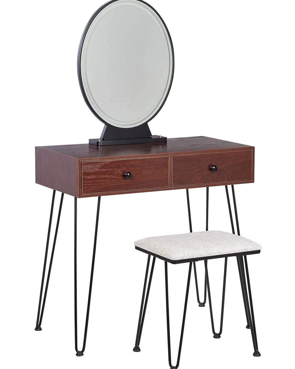 Schminktisch Mit Ovalem Led-Spiegel Hocker 2 Schubladen Dunkler Holzfarbton / Schwarz Loix