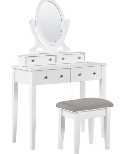 Schminktisch Mit Ovalem Spiegel Hocker 4 Schubladen Weis Lune