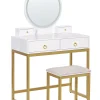 Schminktisch Mit Rundem Led-Spiegel Hocker 4 Schubladen Weis / Gold Auxon