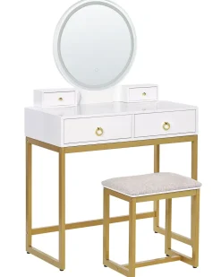 Schminktisch Mit Rundem Led-Spiegel Hocker 4 Schubladen Weis / Gold Auxon