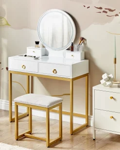 Schminktisch Mit Rundem Led-Spiegel Hocker 4 Schubladen Weis / Gold Auxon