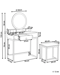 Schminktisch Mit Rundem Led-Spiegel Hocker 4 Schubladen Weis / Gold Auxon