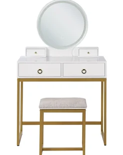 Schminktisch Mit Rundem Led-Spiegel Hocker 4 Schubladen Weis / Gold Auxon