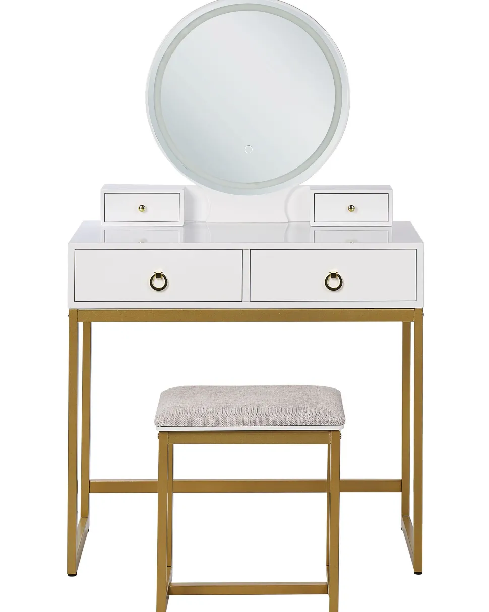 Schminktisch Mit Rundem Led-Spiegel Hocker 4 Schubladen Weis / Gold Auxon