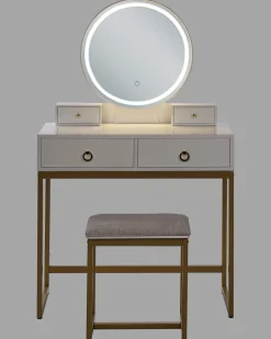 Schminktisch Mit Rundem Led-Spiegel Hocker 4 Schubladen Weis / Gold Auxon