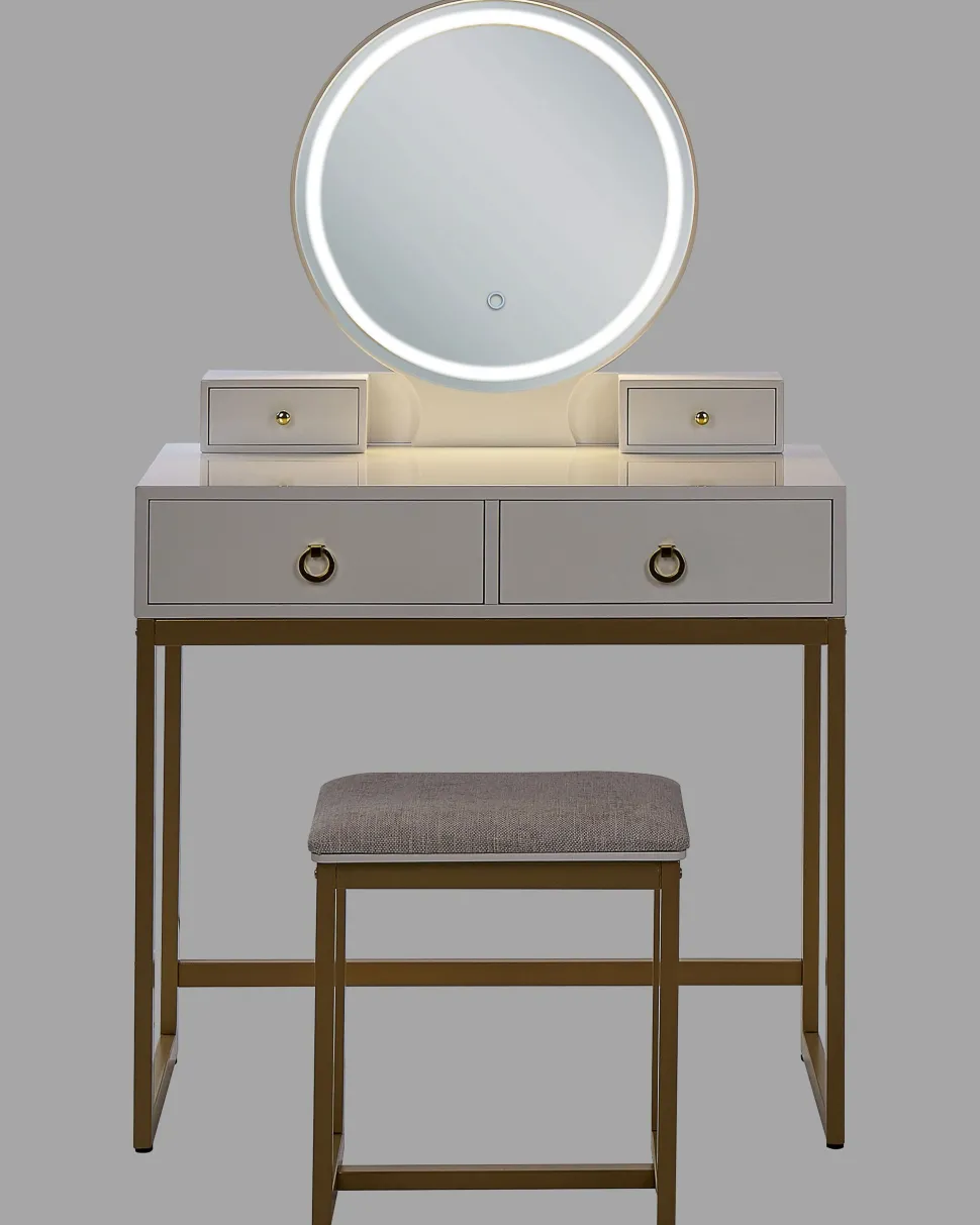 Schminktisch Mit Rundem Led-Spiegel Hocker 4 Schubladen Weis / Gold Auxon