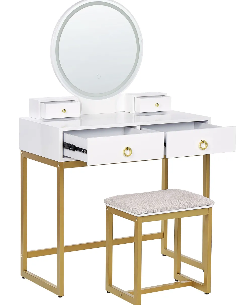 Schminktisch Mit Rundem Led-Spiegel Hocker 4 Schubladen Weis / Gold Auxon