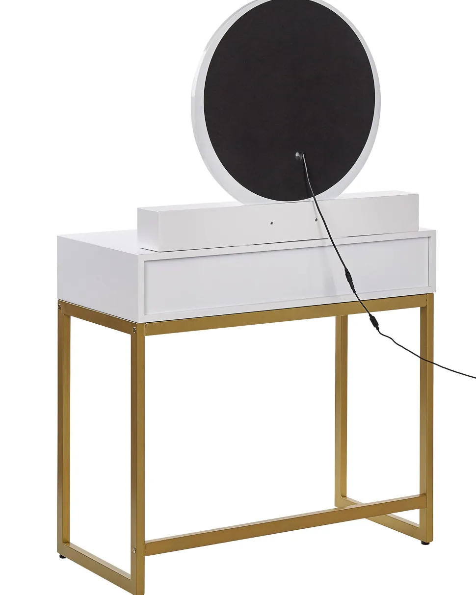 Schminktisch Mit Rundem Led-Spiegel Hocker 4 Schubladen Weis / Gold Auxon