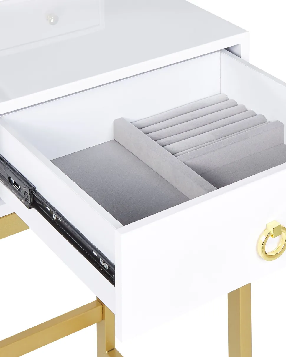Schminktisch Mit Rundem Led-Spiegel Hocker 4 Schubladen Weis / Gold Auxon
