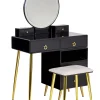 Schminktisch Mit Rundem Led-Spiegel Hocker 6 Schubladen Schwarz / Gold Yves