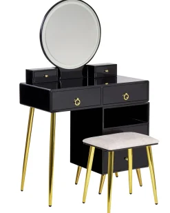 Schminktisch Mit Rundem Led-Spiegel Hocker 6 Schubladen Schwarz / Gold Yves
