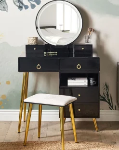 Schminktisch Mit Rundem Led-Spiegel Hocker 6 Schubladen Schwarz / Gold Yves