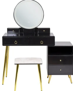 Schminktisch Mit Rundem Led-Spiegel Hocker 6 Schubladen Schwarz / Gold Yves