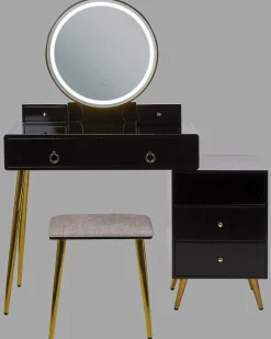 Schminktisch Mit Rundem Led-Spiegel Hocker 6 Schubladen Schwarz / Gold Yves