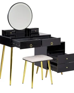 Schminktisch Mit Rundem Led-Spiegel Hocker 6 Schubladen Schwarz / Gold Yves