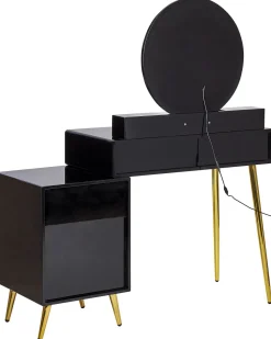 Schminktisch Mit Rundem Led-Spiegel Hocker 6 Schubladen Schwarz / Gold Yves