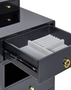 Schminktisch Mit Rundem Led-Spiegel Hocker 6 Schubladen Schwarz / Gold Yves