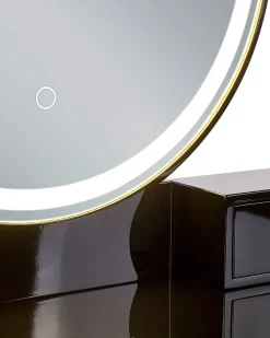 Schminktisch Mit Rundem Led-Spiegel Hocker 6 Schubladen Schwarz / Gold Yves