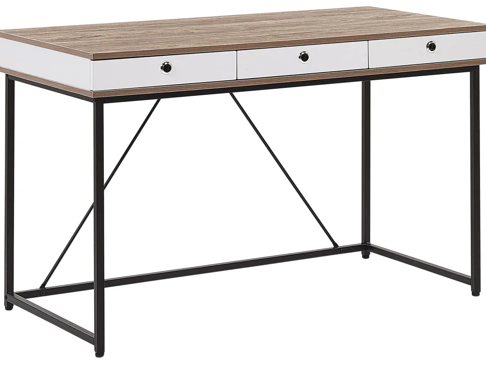 Schreibtisch Heller Holzfarbton / Weis 120 X 60 Cm 3 Schubladen Hinton