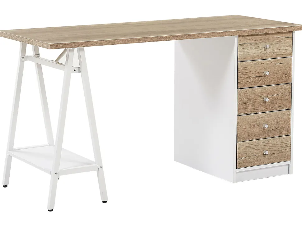 Schreibtisch Heller Holzfarbton / Weis 140 X 60 Cm 5 Schubladen Heber