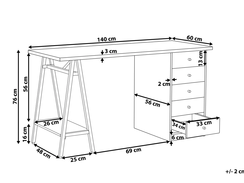 Schreibtisch Heller Holzfarbton / Weis 140 X 60 Cm 5 Schubladen Heber