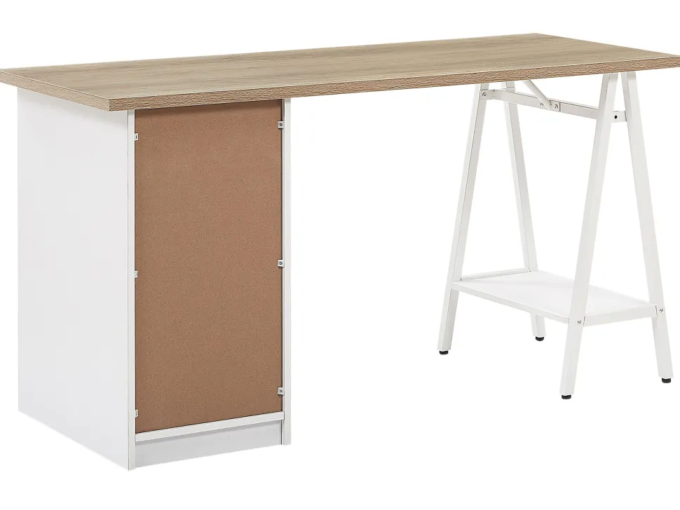 Schreibtisch Heller Holzfarbton / Weis 140 X 60 Cm 5 Schubladen Heber