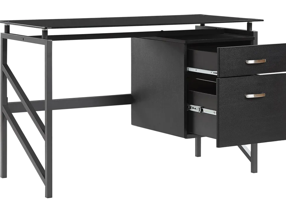 Schreibtisch Schwarz Glasplatte 117 X 57 Cm 2 Schubladen Moriton