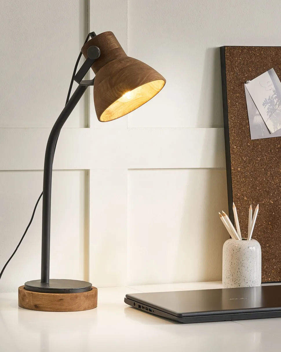 Schreibtischlampe Mango Holz Dunkelbraun / Schwarz 62 Cm Glockenform Kolar