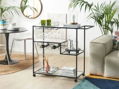 Servierwagen Metall / Glas Schwarz Mit Weinregal 4 Etagen Marcola