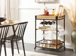 Servierwagen Metall Heller Holzfarbton / Schwarz Mit Weinregal 3 Etagen Hullet